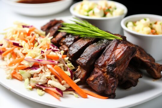 bbq beef ribs plated with sides of corn and coleslaw