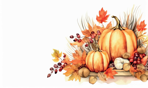 Watercolor composition for design, clip art, pumpkins, thanksgiving, autumn