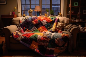 patchwork thankful blanket on a couch