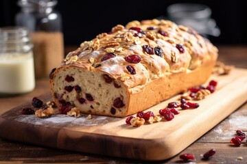 homemade loaf of cranberry walnut bread on a breadboard - obrazy, fototapety, plakaty