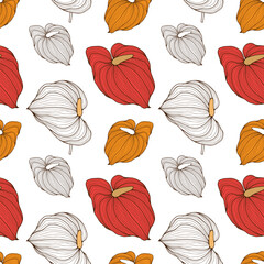 Fototapeta na wymiar Floral seamless pattern with calla flowers on a white background. Red, orange and white calla lily flowers. Vector pattern for textiles, wrapping paper, wallpaper, covers, cards.