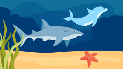 Obraz premium Underwater background with shark, dolphin, starfish and seaweed. Vector illustration.