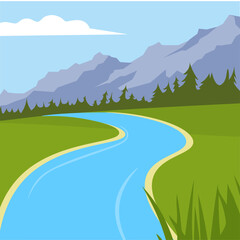 Mountain landscape with river and forest in flat style. Vector illustration. - obrazy, fototapety, plakaty