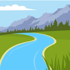 Poster Im Rahmen Mountain landscape with river and forest in flat style. Vector illustration. © Volodymyr
