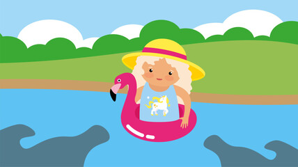 Obraz na płótnie Canvas Girl on inflatable flamingo float in the river. Vector illustration