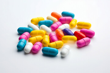 Multicolored pills, tablets and capsules on white background. Pharmacy and medicine. Health care, prescription and drug interaction.