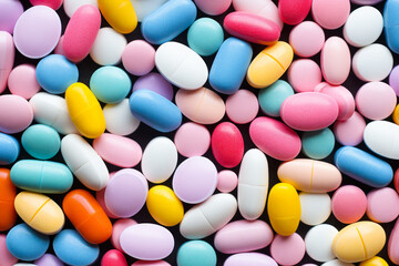 Fototapeta premium Multicolored pills, tablets and capsules. Pharmacy and medicine. Health care, prescription and drug interaction.