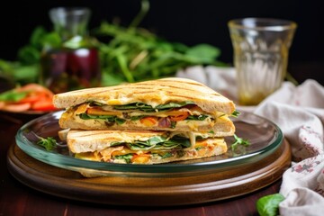 veggie-filled toasted sandwich on a glass dish