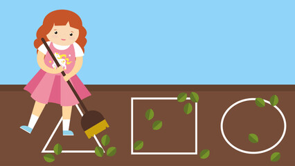 Cute little girl cleaning the lawn with a broom. Vector illustration.