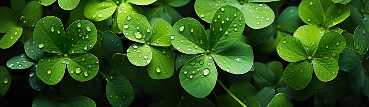 Background Consisting Of Green Sprouts Of Clover And Drops Of Crystal Water.  Illustration On The Theme Of Nature And Climate, Vegetation And Ecology. Generative AI