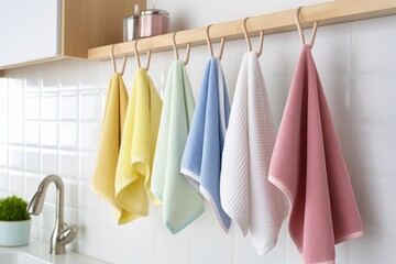 clean kitchen towels hanging from hooks