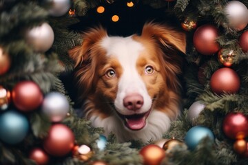 Beautiful dog puppy looking through christmas wreath made of branches and colorful baubles and decorations. Copy space for text layout,  merry christmas or happy new 2024 year celebration.  - obrazy, fototapety, plakaty