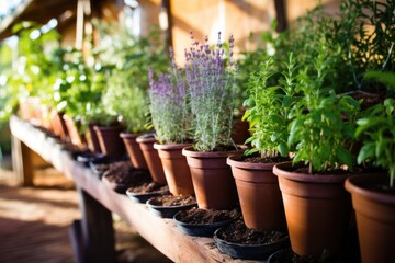a row of medicinal plants in pots