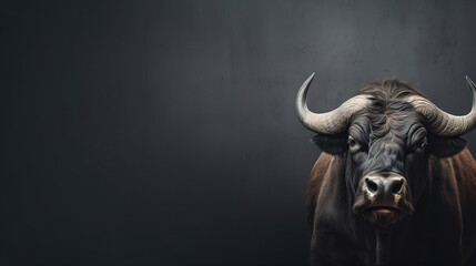 Front view of Buffalo on gray background. Wild animals banner with copy space