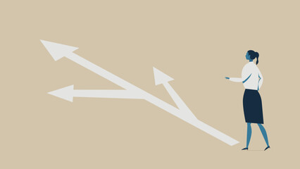 Obraz premium A woman who decides the direction. Her path is branched by multiple arrows.