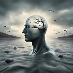 Abstract image of man head in the water