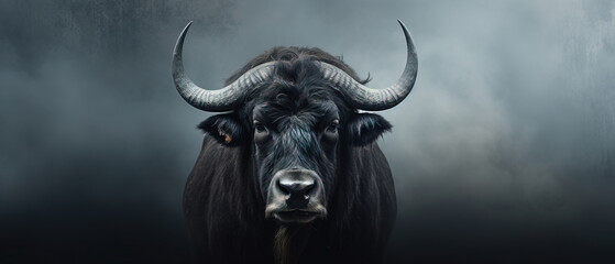 Naklejka premium Front view of Buffalo on gray background. Wild animals banner with copy space