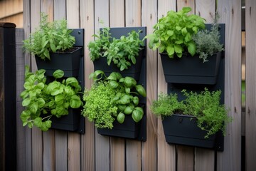 variety of herbs in wall hanging vertical planters