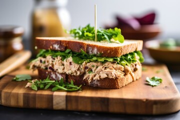 tuna salad sandwich on a wooden board