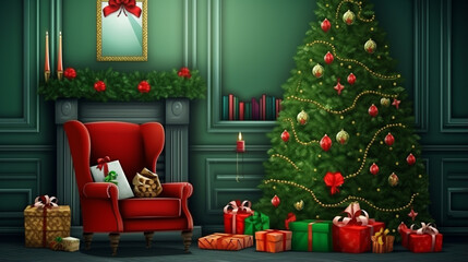 Fototapeta na wymiar Christmas interior room fireplace, Christmas tree, green chair with a red blanket and gifts. ai