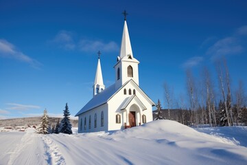 Fototapeta na wymiar a snow-topped chapel under a clear winter sky