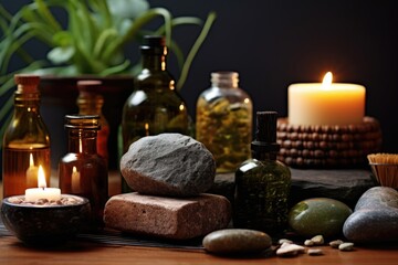 Fototapeta na wymiar therapeutic stones, candles, and essential oils for wellness