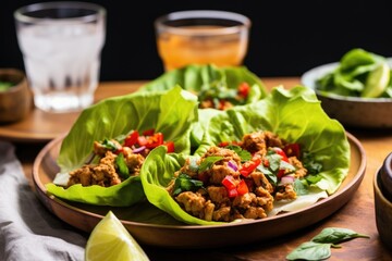spicy turkey lettuce wraps served with a glass of water