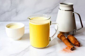 Obraz na płótnie Canvas turmeric latte in a ceramic cup next to a white kettle