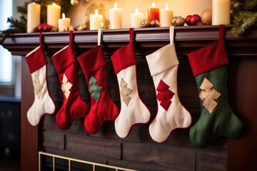 plush felt stockings hung on a wooden mantle