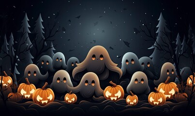Fototapeta premium Halloween background with pumpkin and Cute Ghost, Wallpaper, Generative AI