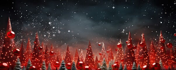 Many natural Christmas trees with red lighting and small stars covering the sky. Generative AI - obrazy, fototapety, plakaty