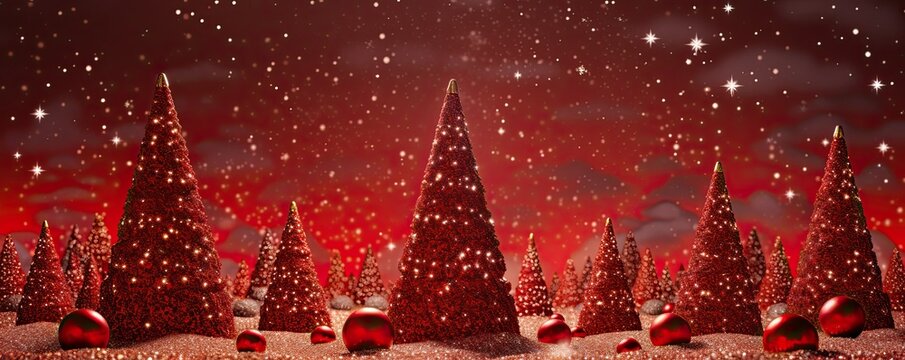 Many natural Christmas trees with red lighting and small stars covering the sky. Generative AI