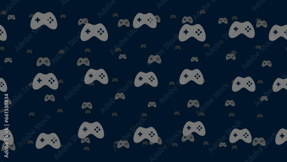 Poster joystick symbols float horizontally from left to right. parallax fly effect. floating symbols are lo