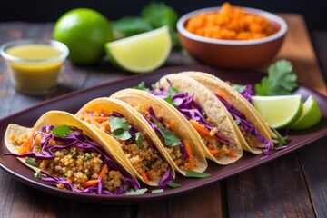 freshly prepared vegan tacos with quinoa, carrots, and cabbage