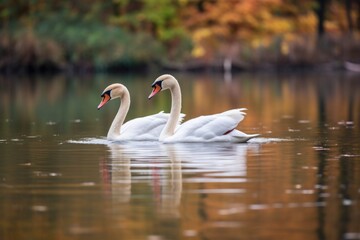 Naklejka na ściany i meble two adult swans floating together on a peaceful pond