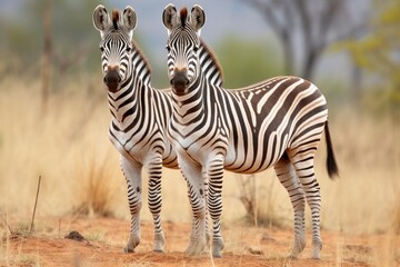 Obraz premium pair of zebras standing side by side in a savannah