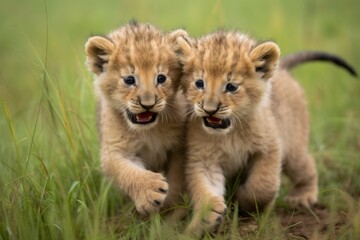Obraz premium two lion cubs playing together on a prairie