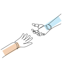line art of human hand and robotic hand. Interaction of artificial intelligence and force of nature concept.