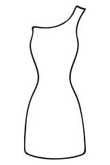 Summer dress with one strap. Sundress on one shoulder, length below the knees. Sketch. Women's clothing with a narrow waist. Vector illustration. Doodle style. Outline on isolated background. Coloring