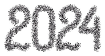 Tinsel. 2024. Lettering from a festive Christmas decoration. Fluffy numbers. Black color. Vector illustration. Isolated background. Cute plush message. The coming year. Rustling lettering.