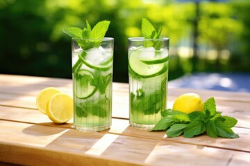 two virgin mojitos touching rims on a sunny picnic table