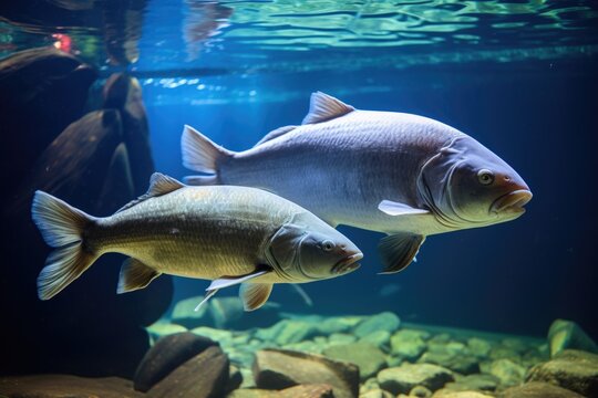 a bigger fish feeding a smaller one in a fish tank