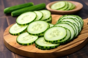 green cucumber slices laid out on a wooden slab