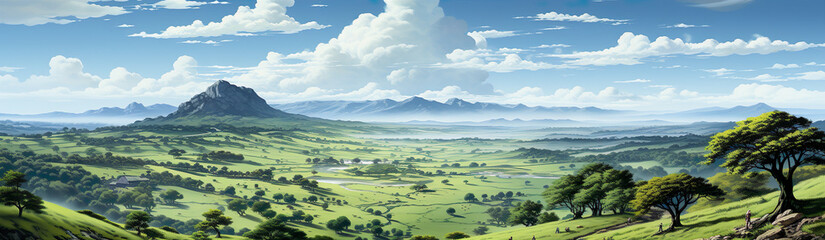 Fototapeta premium Sunny Valley Covered With Green Spring Grass. Illustration On The Theme Of Nature And Climate, Vegetation And Ecology. Generative AI