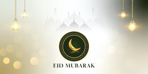 Eid Mubarak wishing invitation banner with glowing lamps and golden moon design bokeh effect background vector file