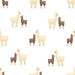 Seamless pattern with cute mother llama and baby on white background. Mother alpaca with baby alpaca. Creative kids, childish background. For textile, fabric, clothing, wrapping paper.