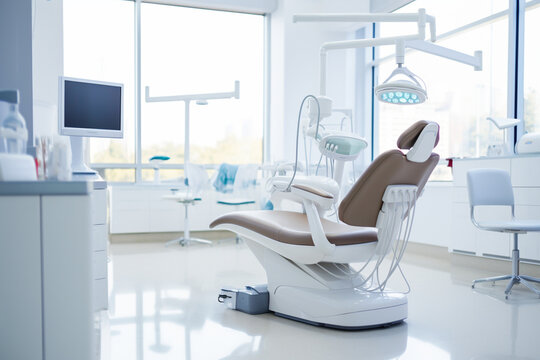 Dental Office With Dentist Chair, Dental Tools And Waiting Area