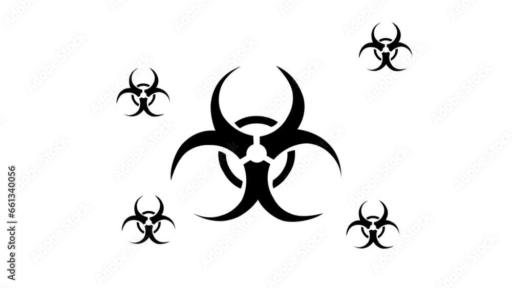 Poster zoom in and out animation the biohazard symbol. large black symbol in the center and four small symb