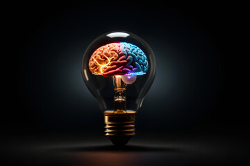 Human brain inside light bulb on dark background. Idea and innovation concept