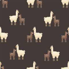 Seamless pattern with cute mother llama and baby on dark background. Mother alpaca with baby alpaca. Creative kids, childish background. For textile, fabric, clothing, wrapping paper. © Лиля Зайдуллина